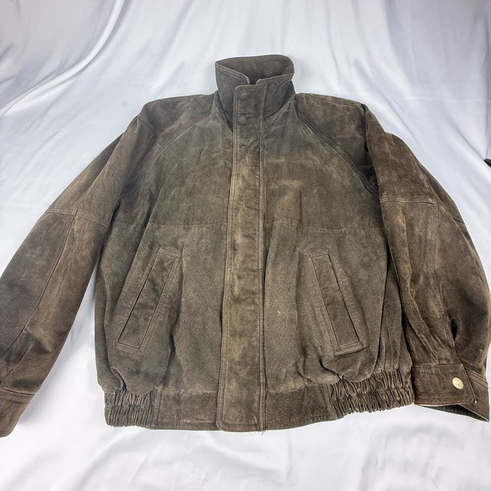 Men's Olive Green/Brown Suede Leather Jacket Quilted Nylon Interior - Picture 2 of 7